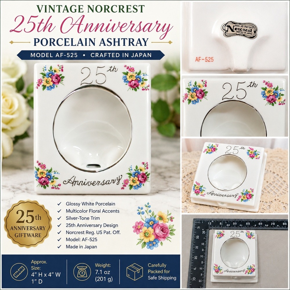 Vintage Norcrest 25th Anniversary Porcelain Ashtray AF-525 Floral Silver Trim